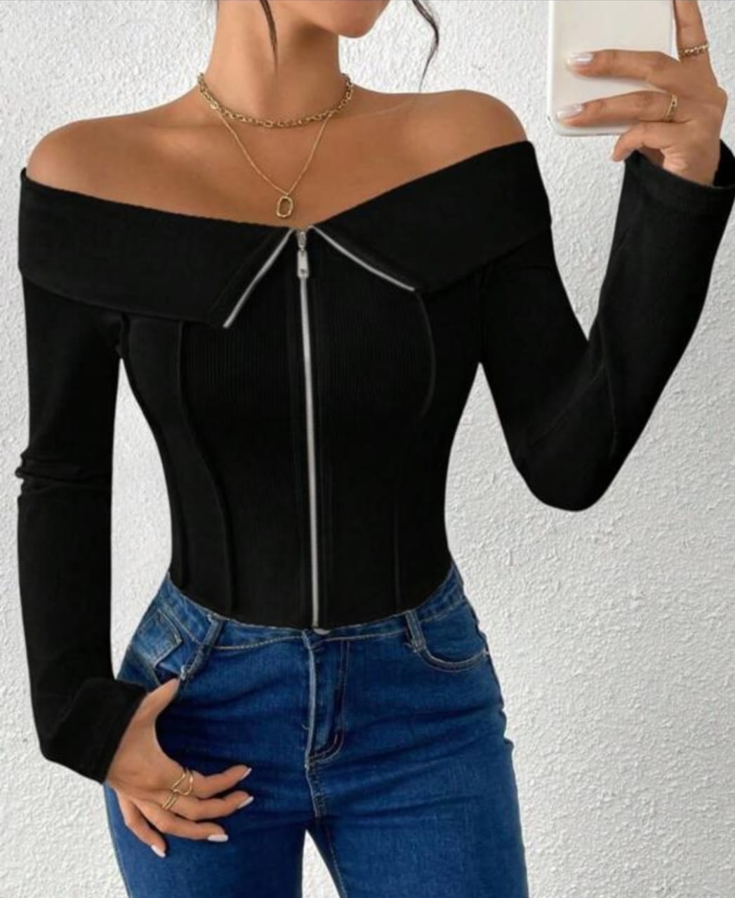 Off-Shoulder Zip-Front Structure Corset Top