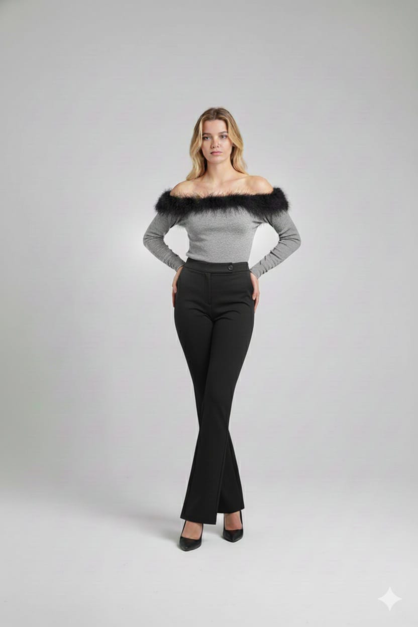 Grey Feather-Trim Off-Shoulder Top