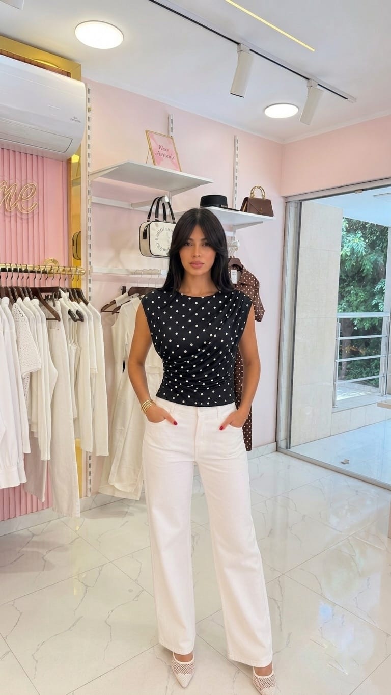 Elegant sleeveless polka dot blouse with ruffled details