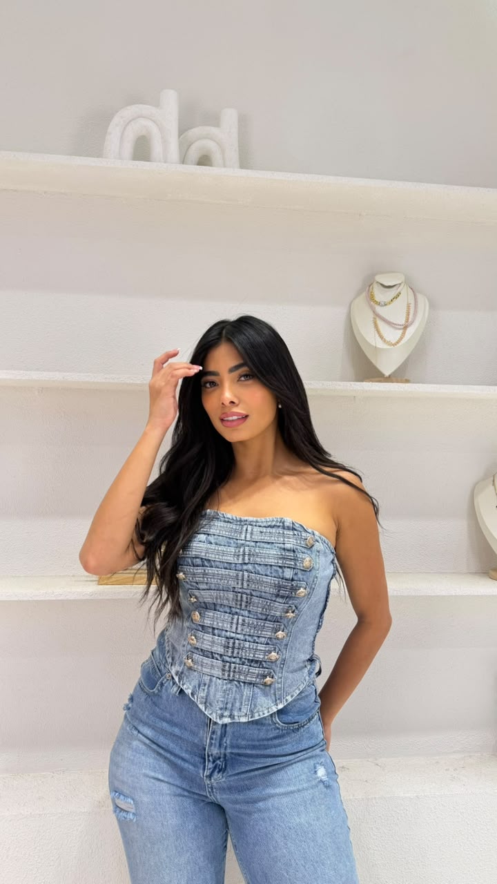 Strapless denim corset top with front buttons, view 2