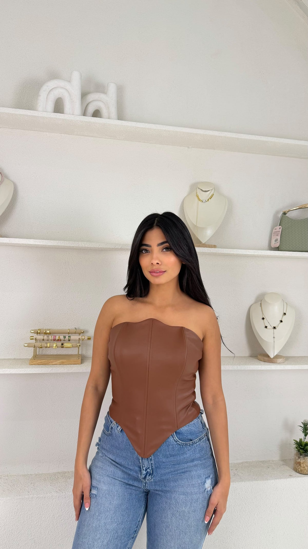 Faux leather corset top with boning detail, view 4