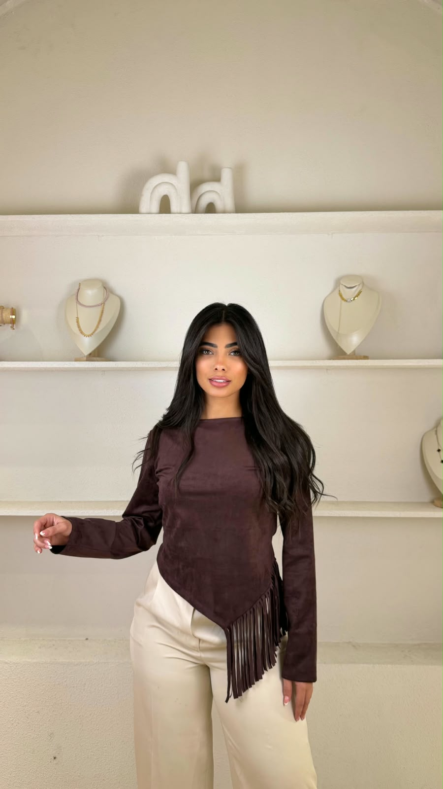 Long-sleeved faux suede top with an asymmetric fringe hem, view 3