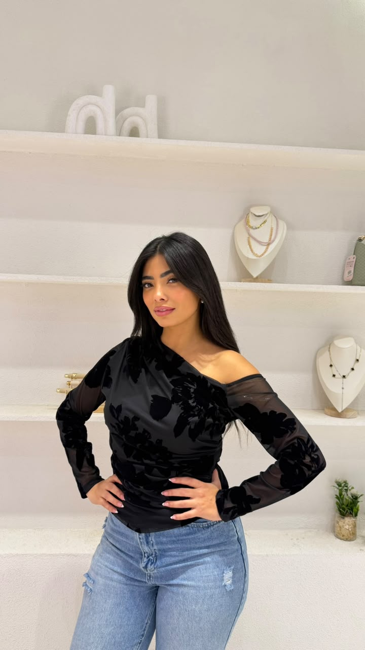 Long-sleeved sheer tulle blouse