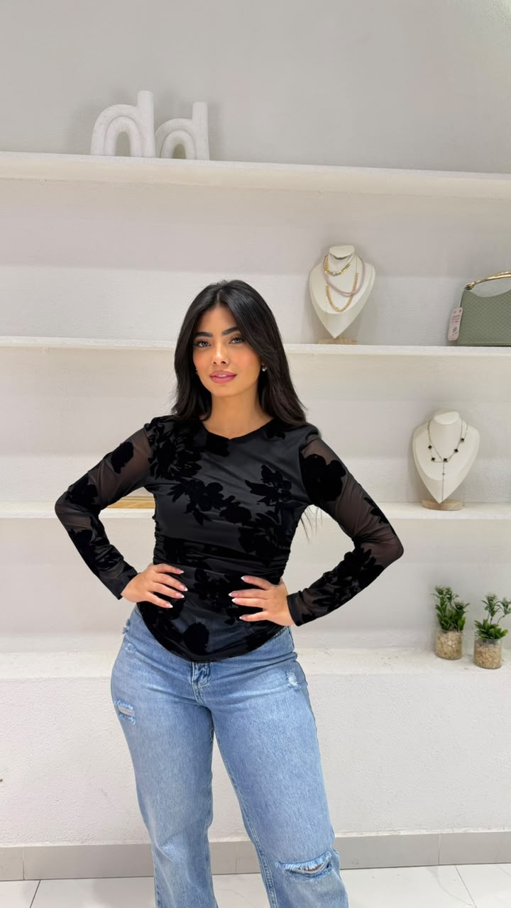 Sheer mesh blouse with raised embellishment