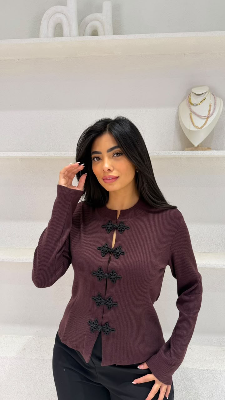 Rib-knit top with knot-style button closures, view 2