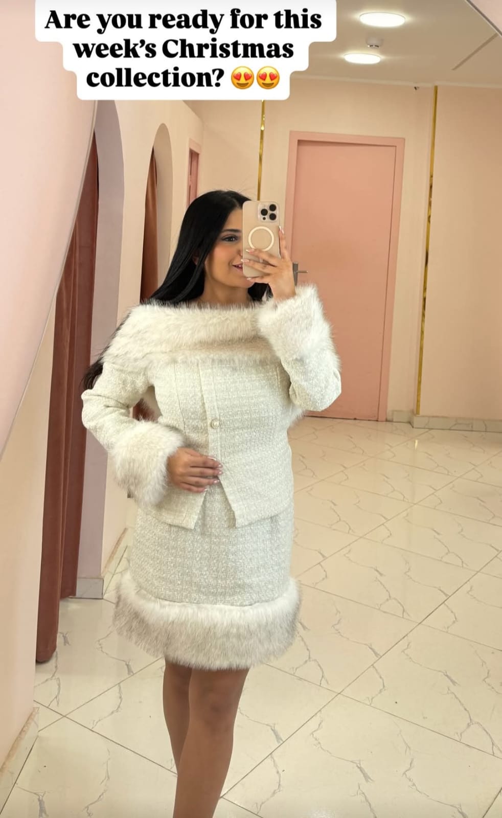 Winter elegance: Tweed skirt set trimmed with faux fur