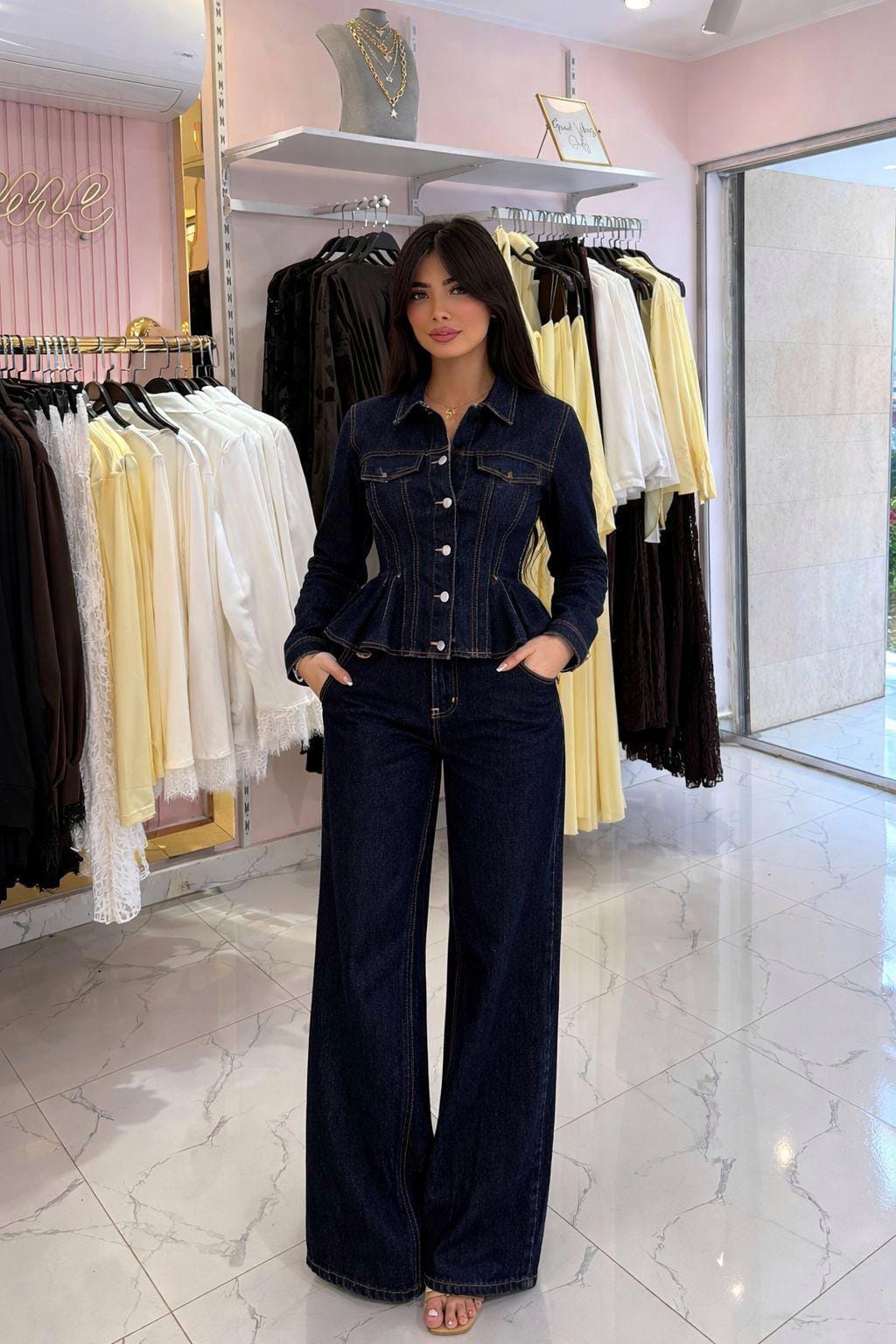 dark indigo peplum denim set