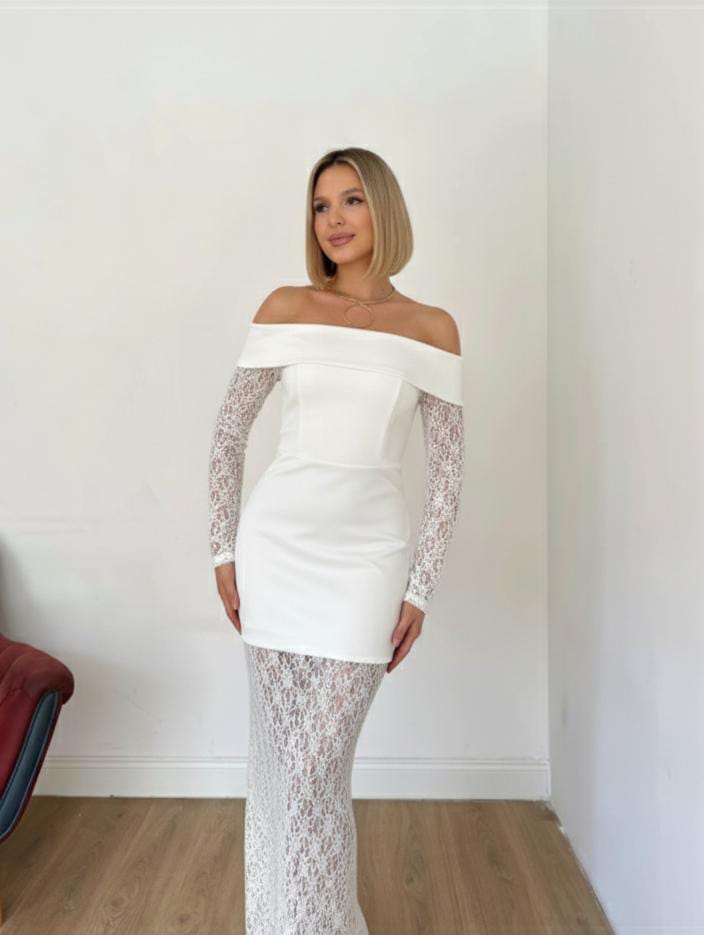 A fitted lace cocktail dress with off-the-shoulder design.