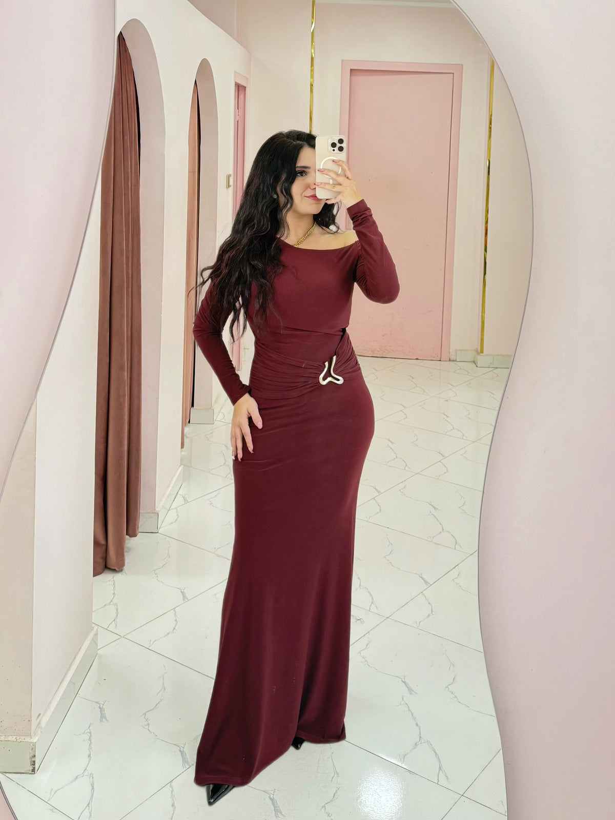 Elegant off-the-shoulder maxi dress with a ruffled design in dark burgundy