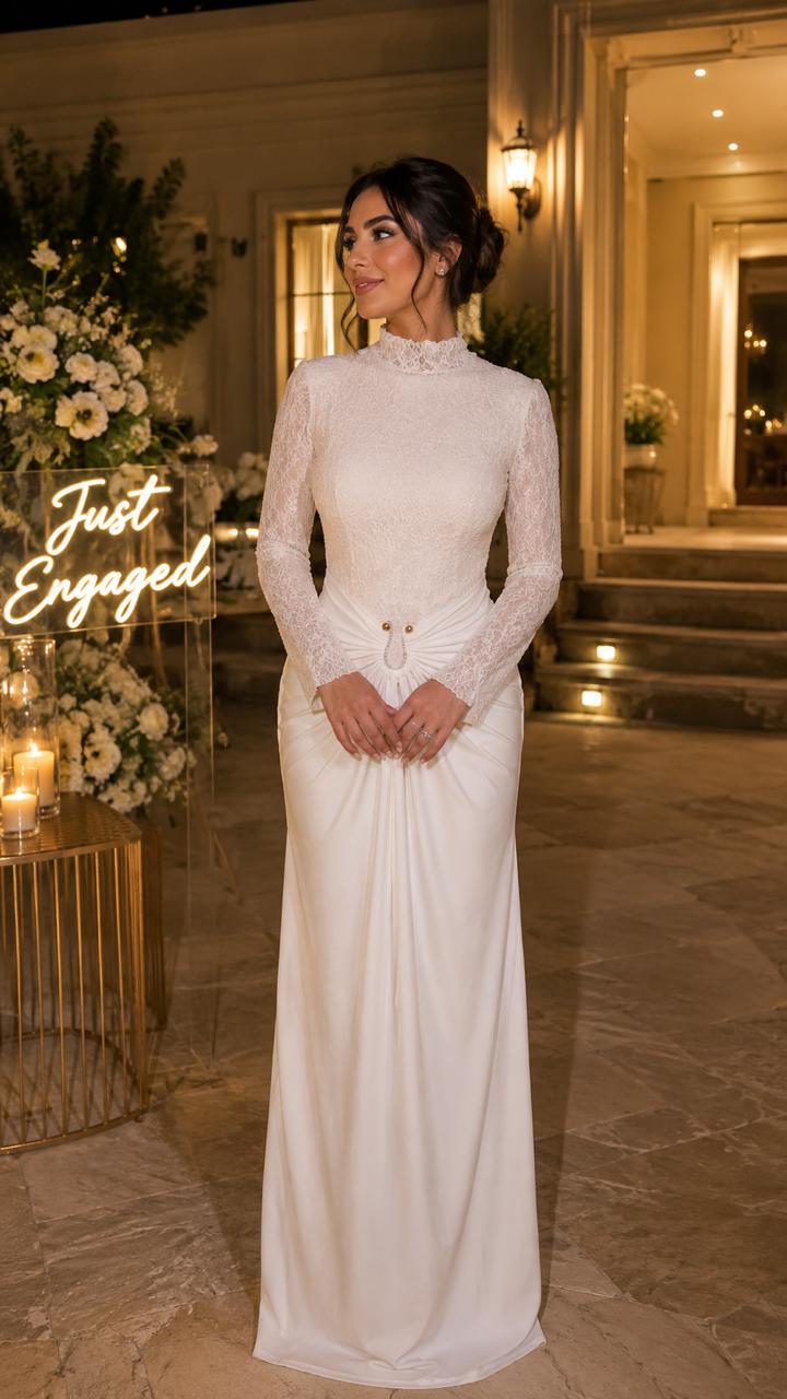 A dress made of lace, decorated with embroidery at the waist.