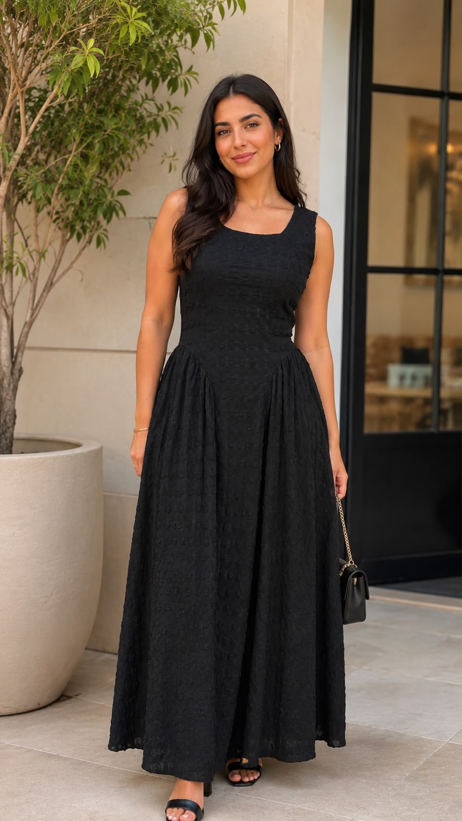 Textured maxi dress with a square neckline and a dropped waist.