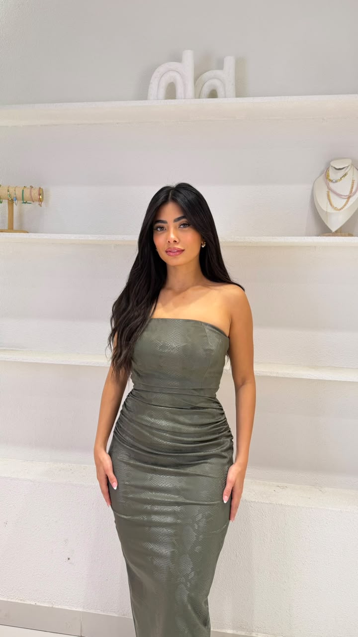Long off-shoulder ruffled dress with a metallic snakeskin print, view 4