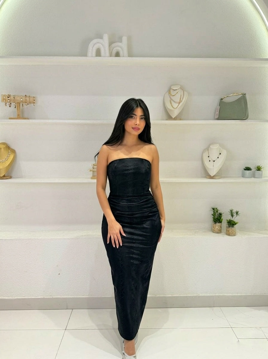 Long off-shoulder ruffled dress with a metallic snakeskin print, view 2