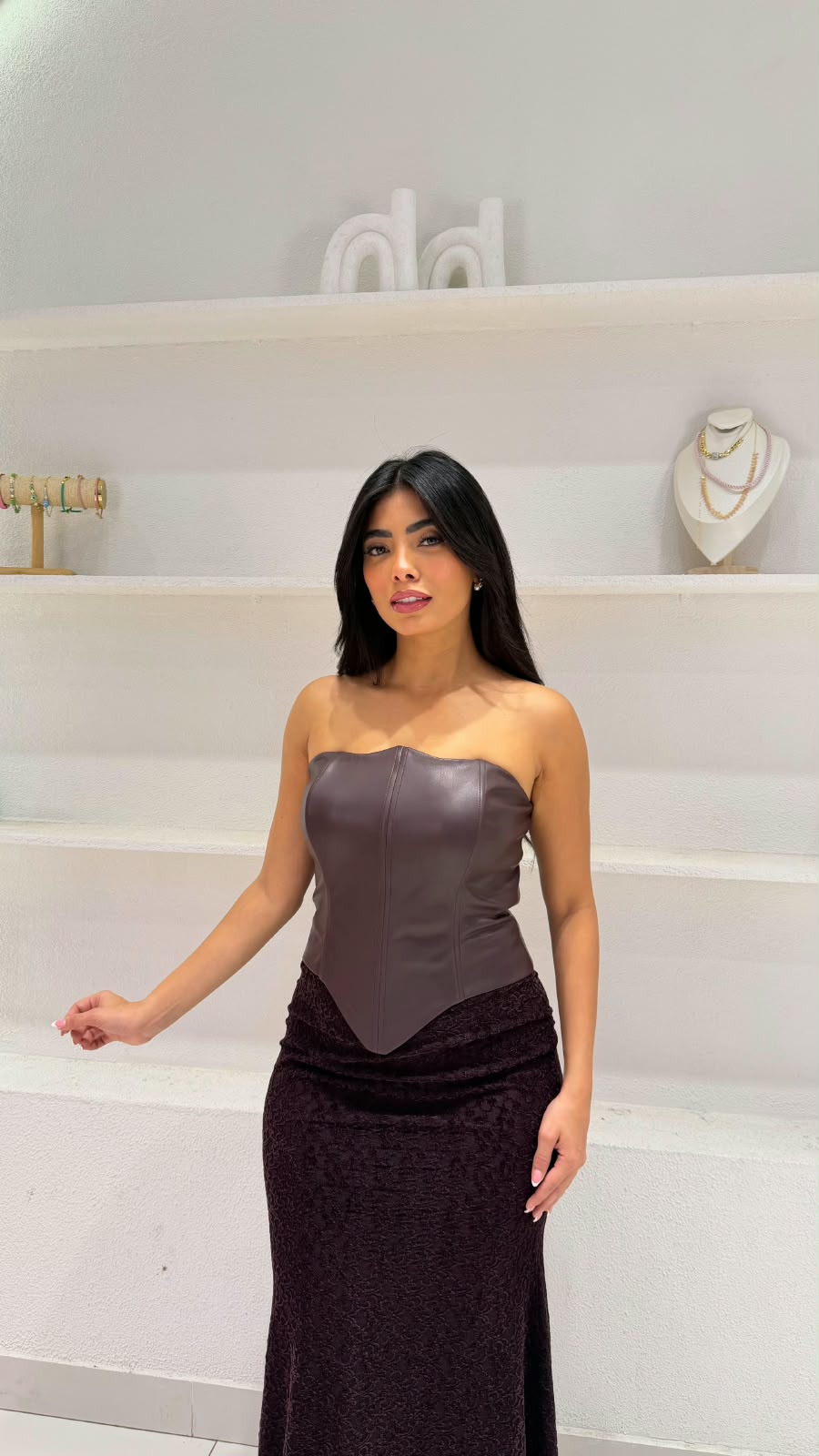 Dress with a faux leather corset bodice and jacquard fabric, view 5