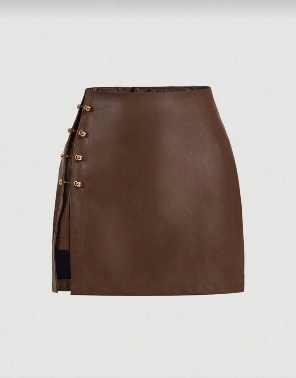 A short faux leather skirt with a high waist and gold-tone button slit detail.