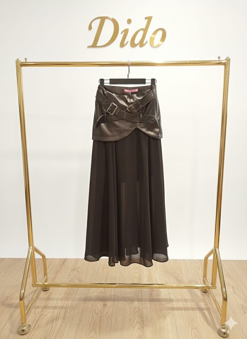 Edgy Fusion: Faux-Leather Buckled Corset Maxi Skirt