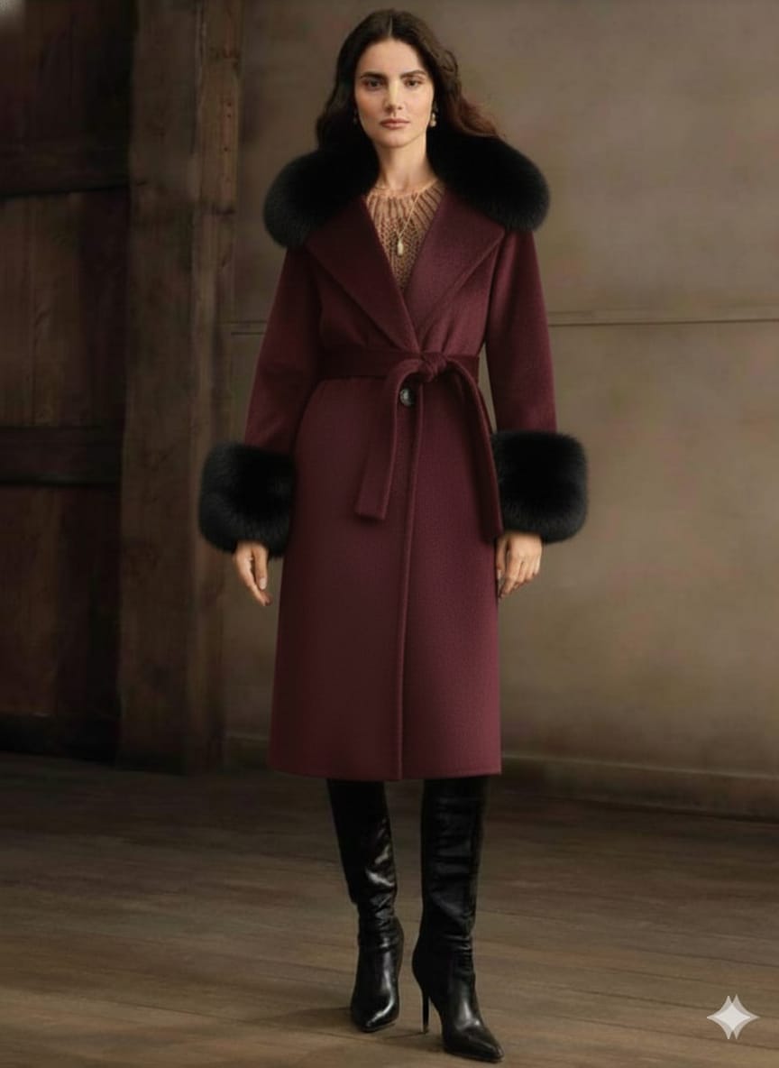 A wool blend coat with a belt, featuring a faux fur collar and cuffs.