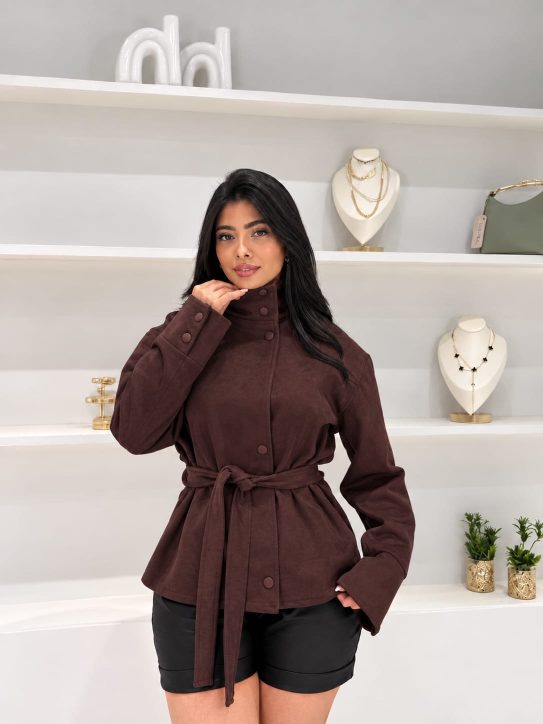 Belted High-Collar Suede Jacket