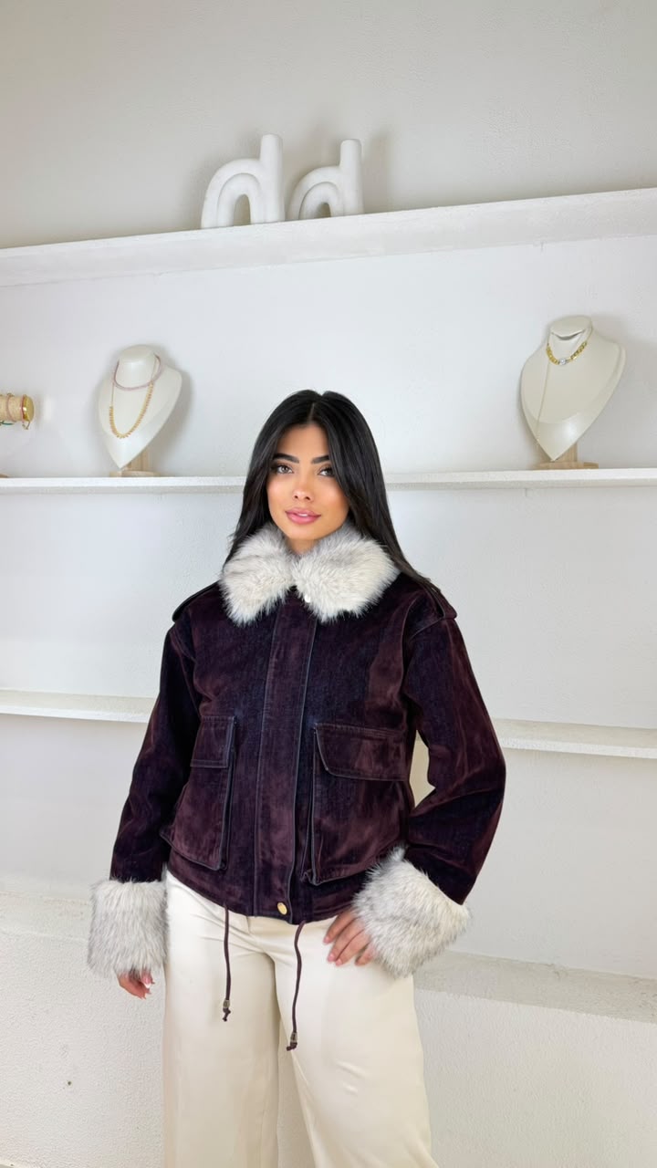 Faux-Fur Trim Distressed Denim Jacket
