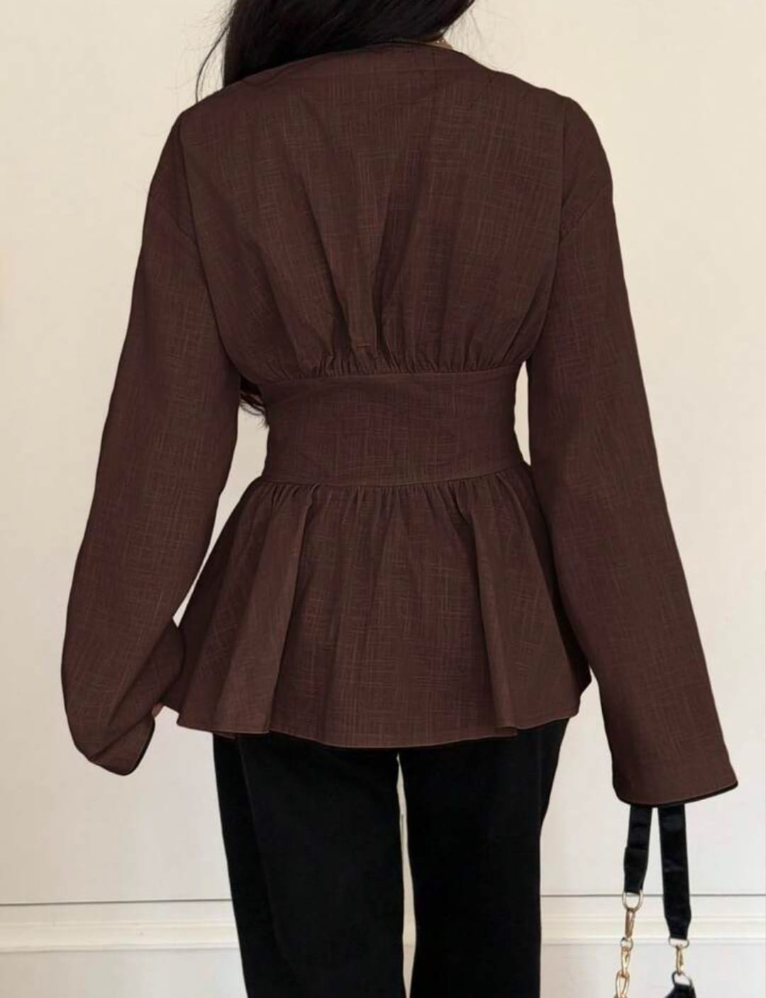Neck Peplum Blouse with Double-Buckle Cinch Waist