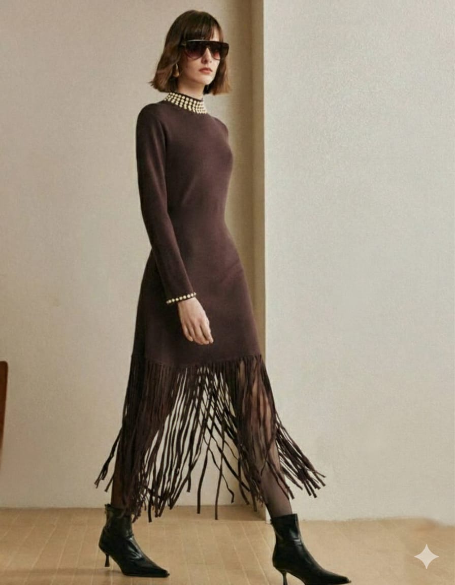 Midnight Espresso Knit Midi Dress with Embellished High-Neck and Fringe Hem