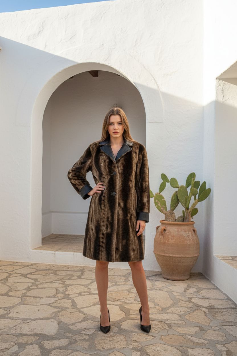 Luxury leather coat with double-faced leopard print trim