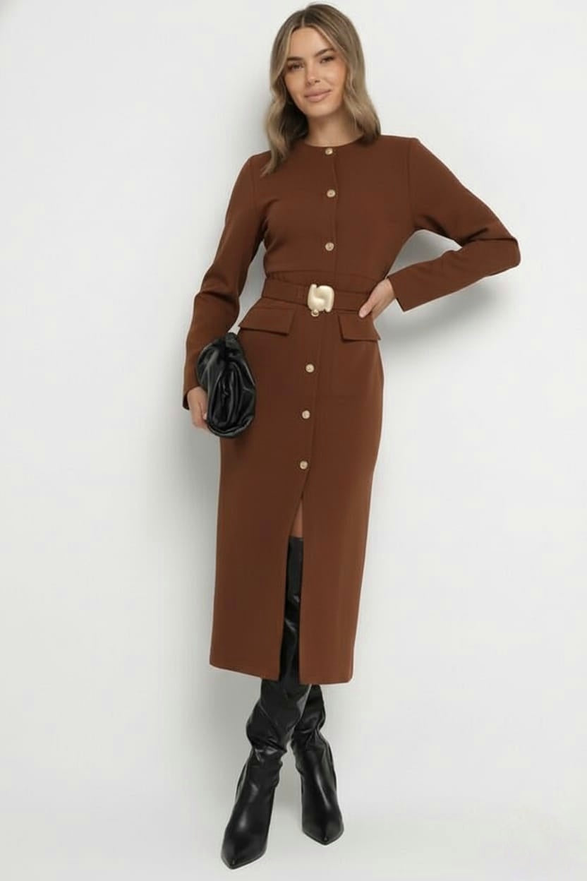 Elegance in Espresso: The Button-Front Trench Dress with Statement Belt