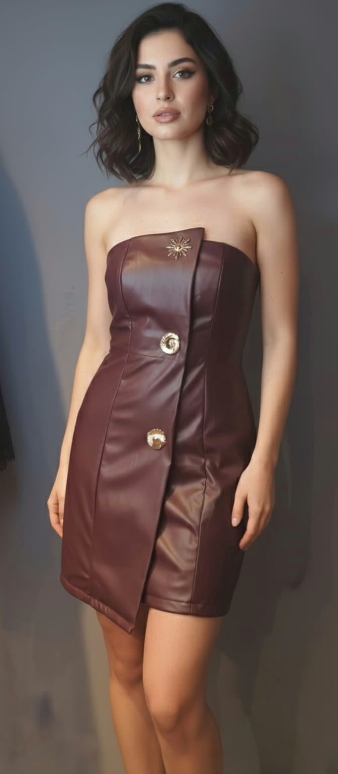 Short strapless faux leather dress