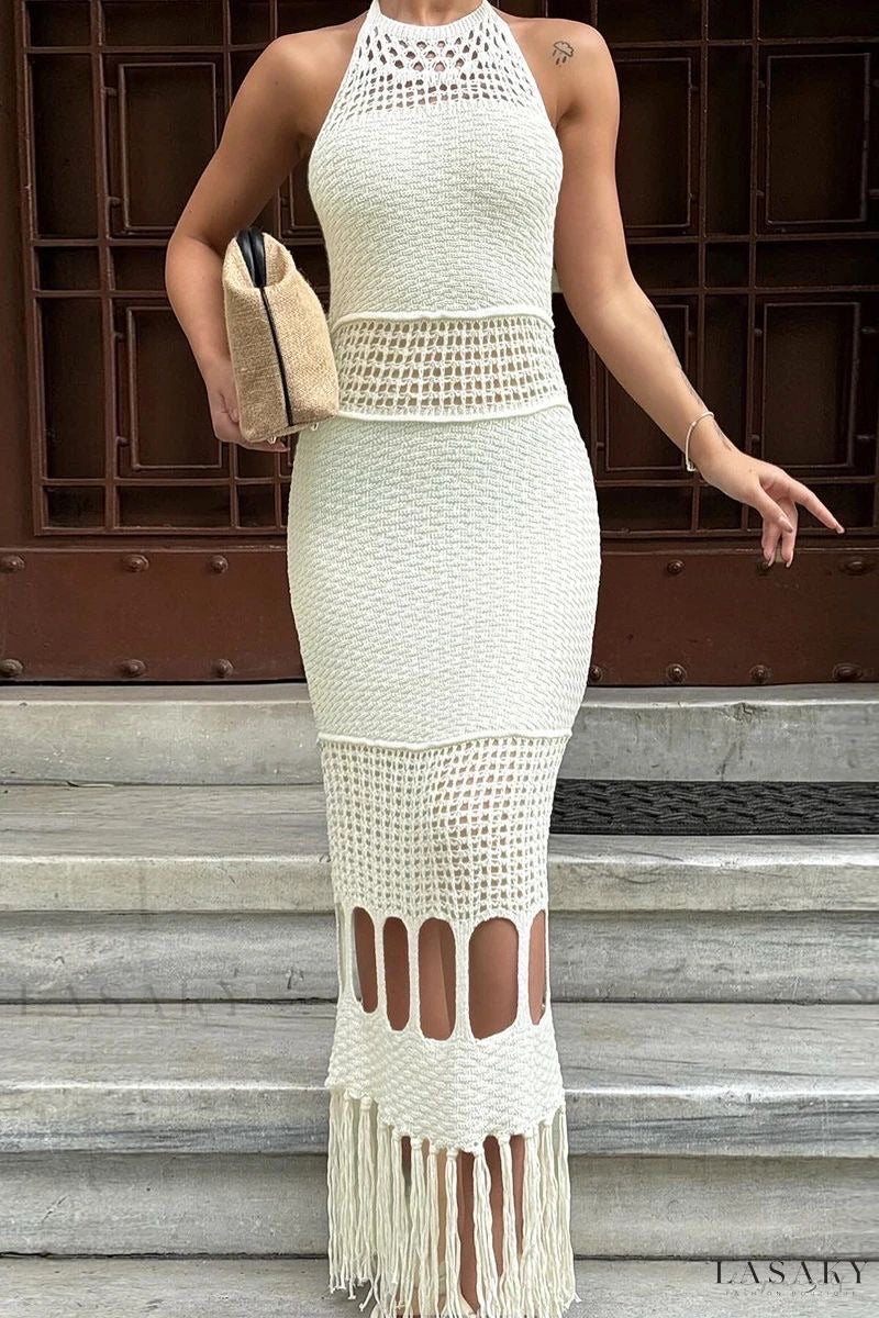 Crochet Maxi Dress with Fringe Detail