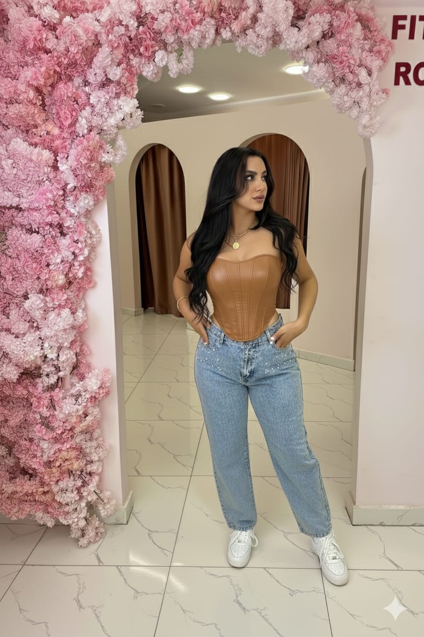 Sculpted faux leather corset cup with crystal embellishments