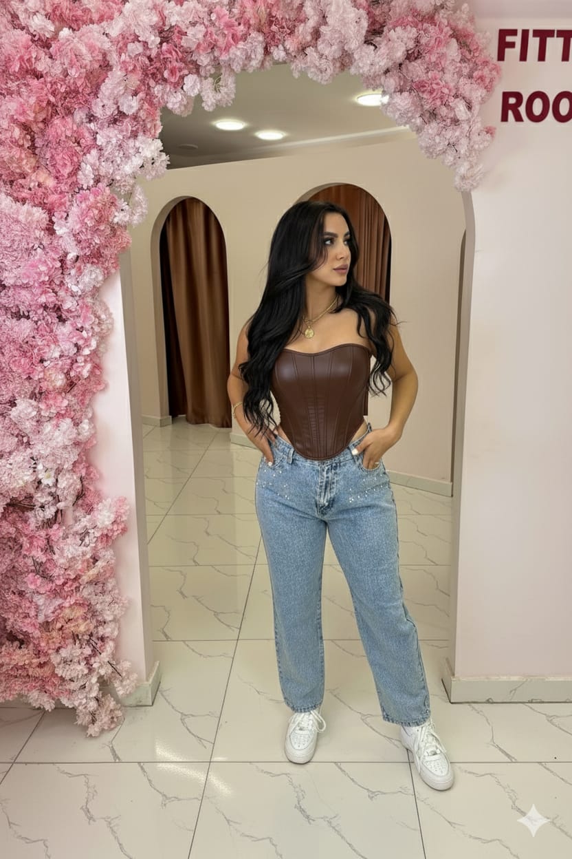 Sculpted faux leather corset cup with crystal embellishments