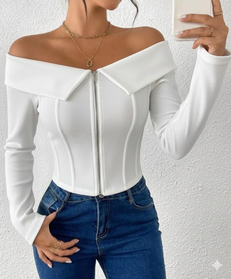 Off-Shoulder Zip-Front Structure Corset Top