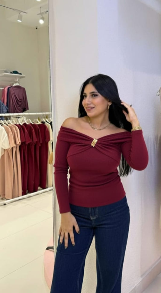 Off-Shoulder Elegance in Deep Maroon