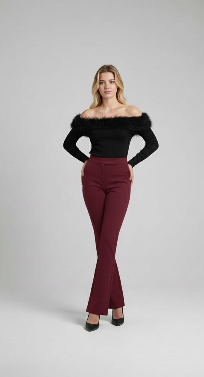 Grey Feather-Trim Off-Shoulder Top