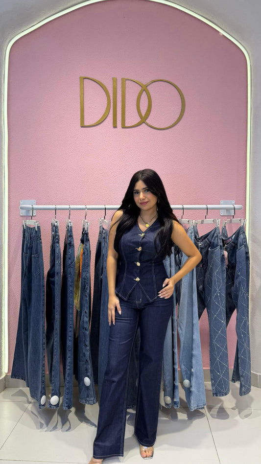 Sleeveless jeans top with gold buttons