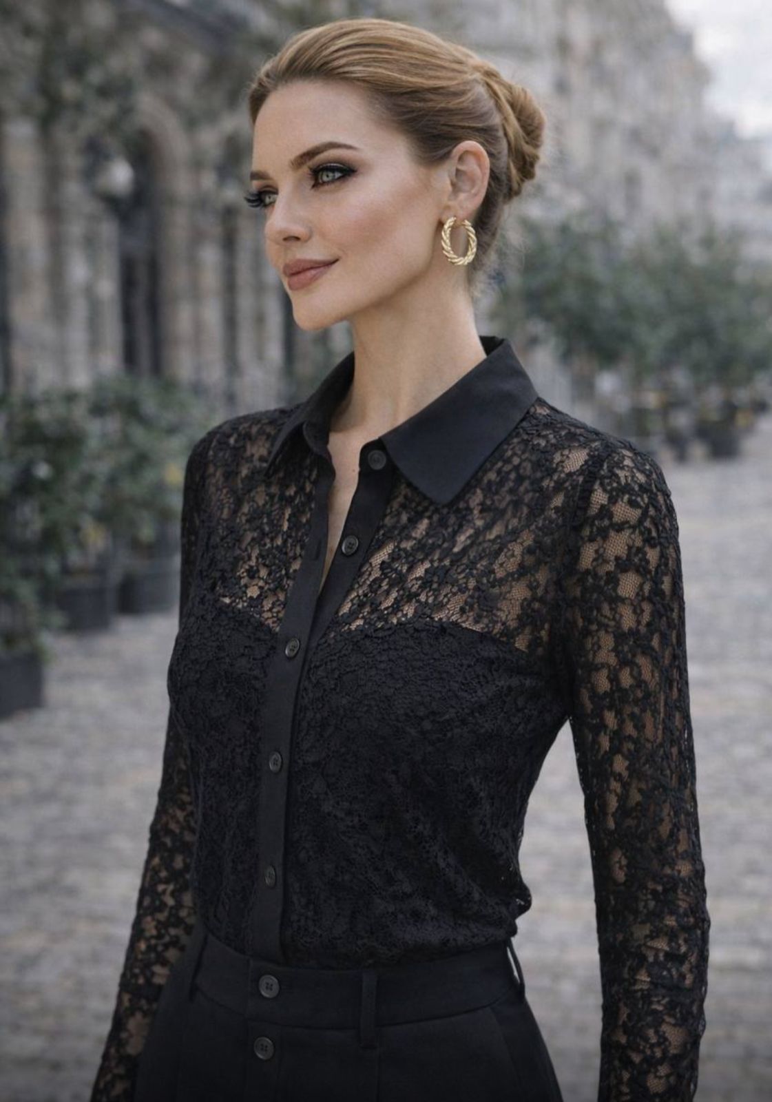Button-down shirt with curved lace