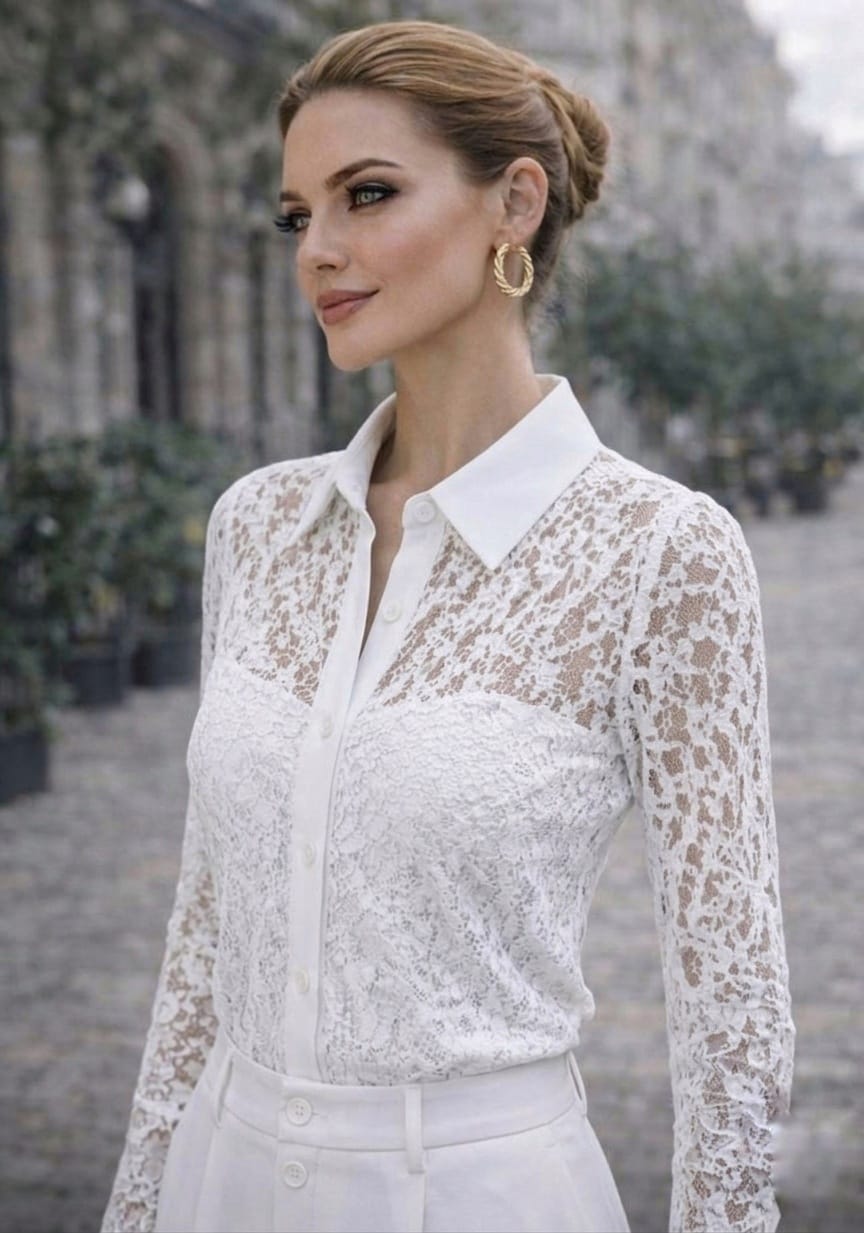 Button-down shirt with curved lace