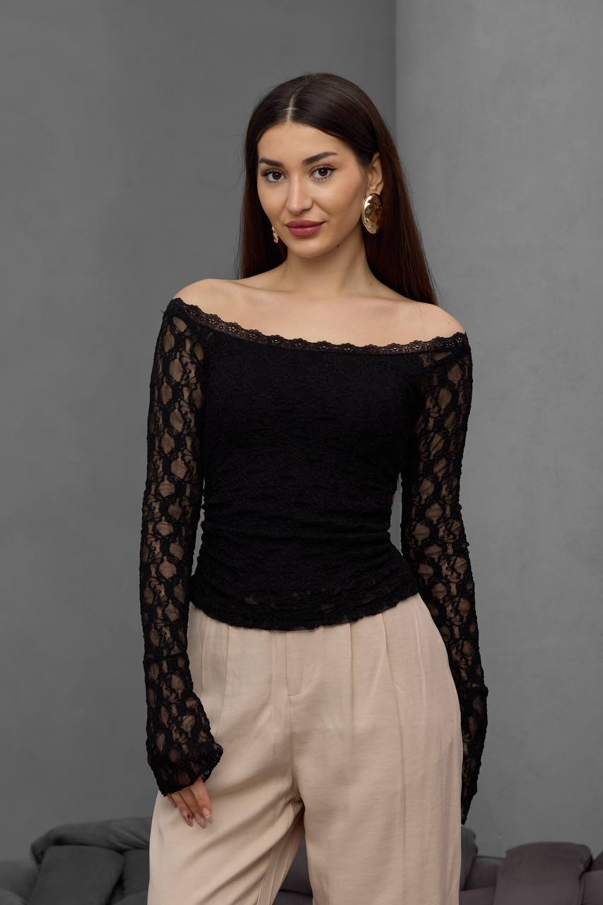 Long-sleeved lace off-shoulder blouse