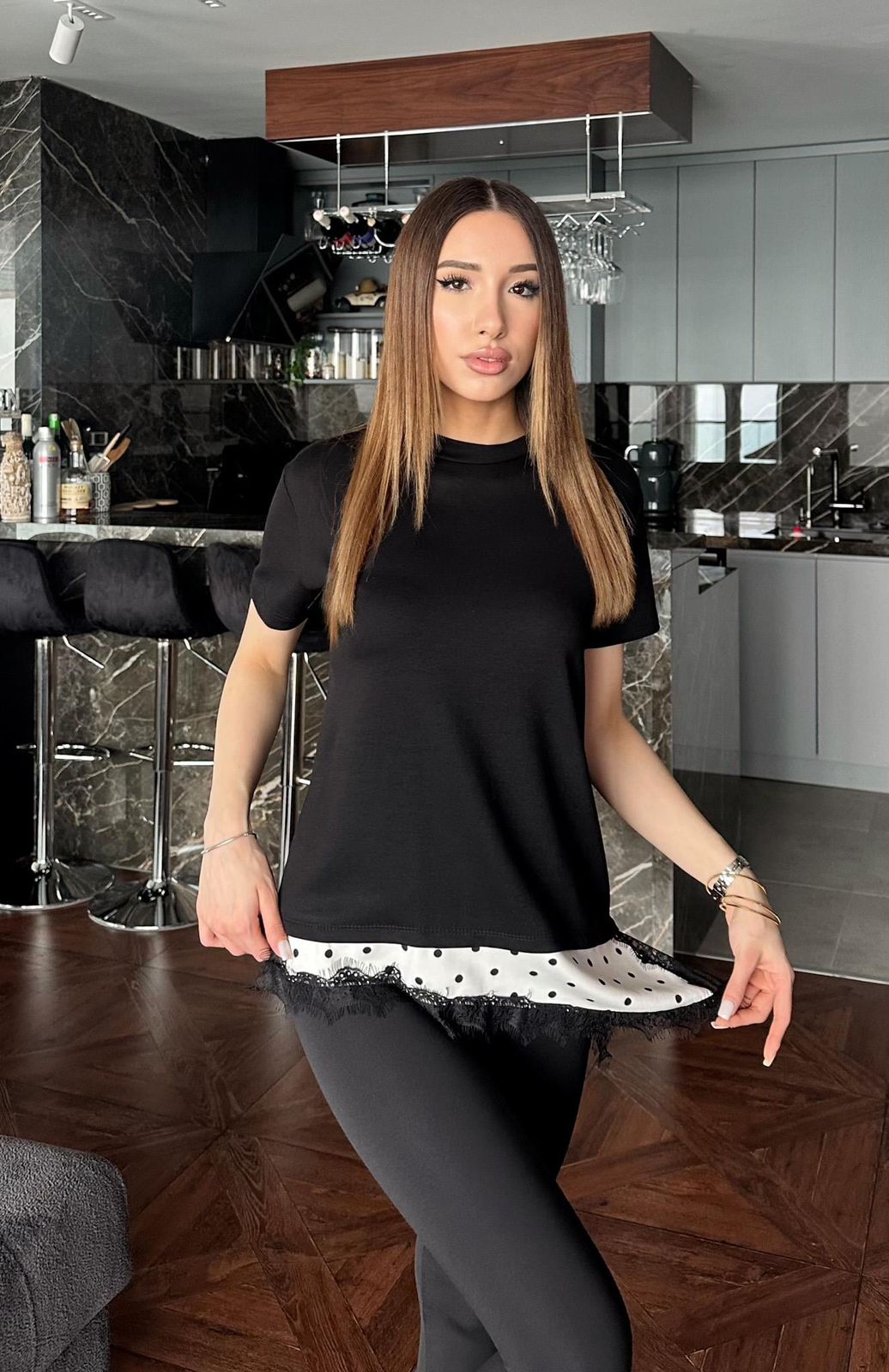 High-neck t-shirt decorated with polka-dot lace