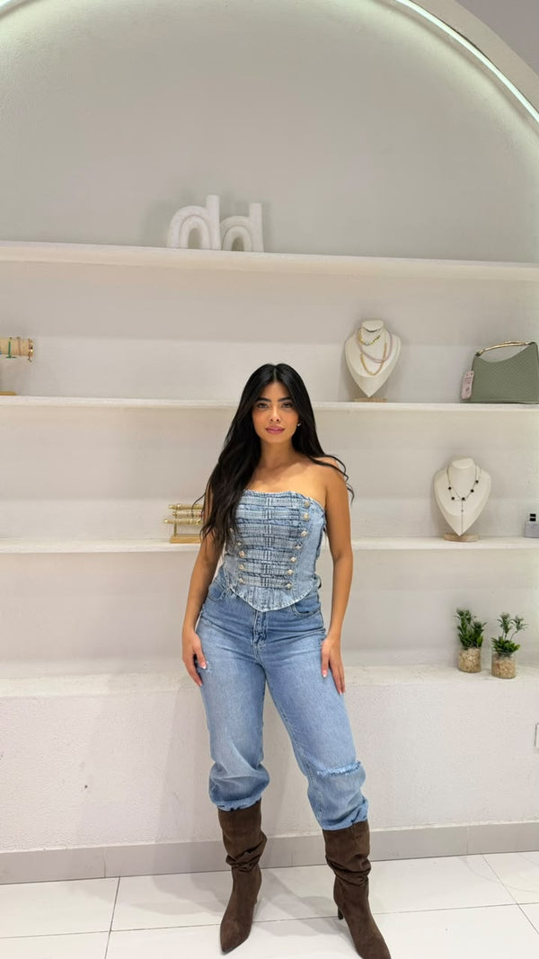 Strapless denim corset top with front buttons