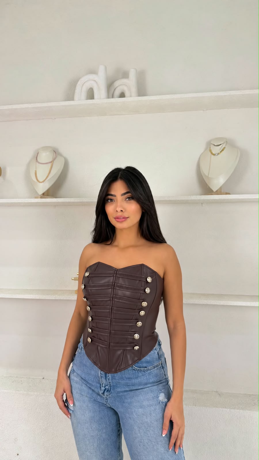 Strapless Napoleon-inspired faux leather corset top, view 3