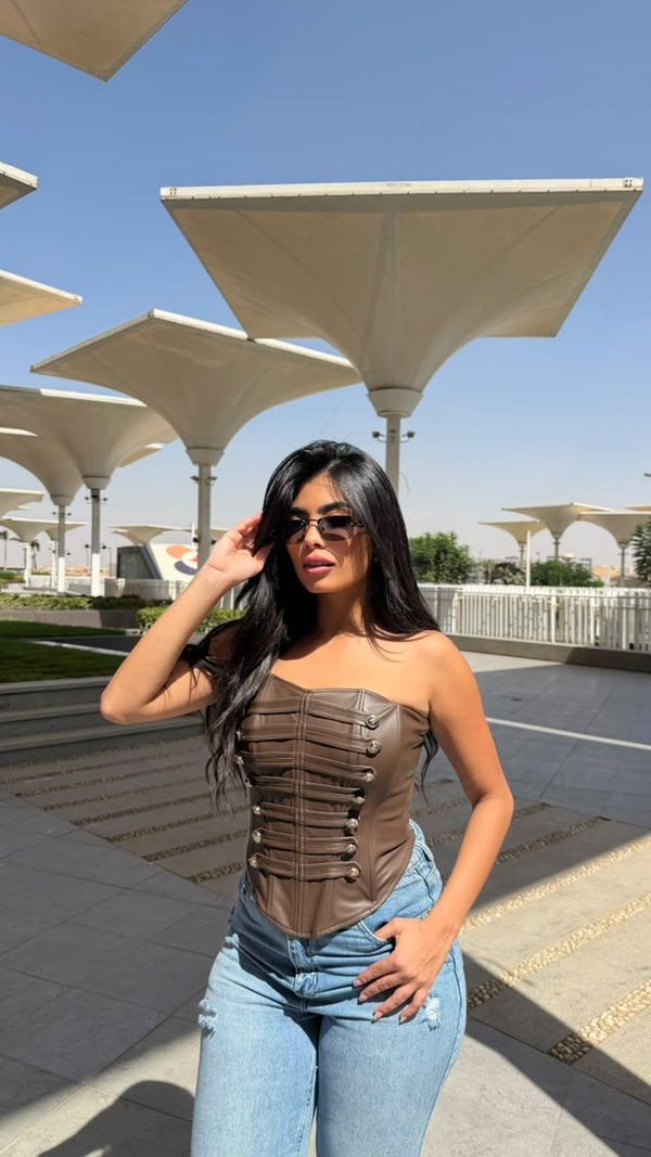Strapless Napoleon-inspired faux leather corset top