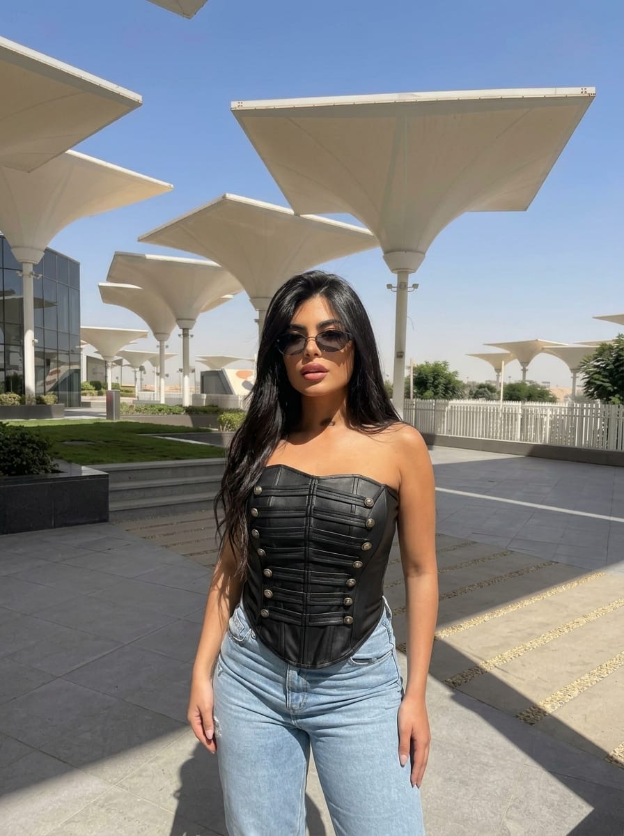 Strapless Napoleon-inspired faux leather corset top, view 2