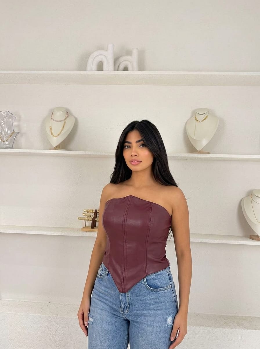 Faux leather corset top with boning detail, view 3