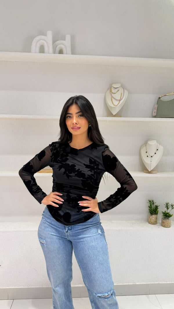 Sheer mesh blouse with raised embellishment