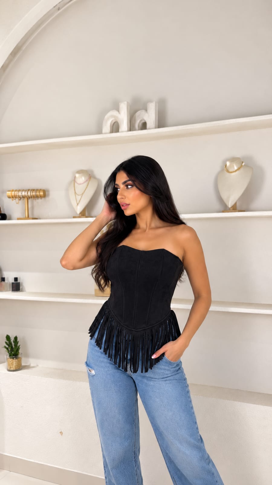 Fringe-Hem Suede Corset Top