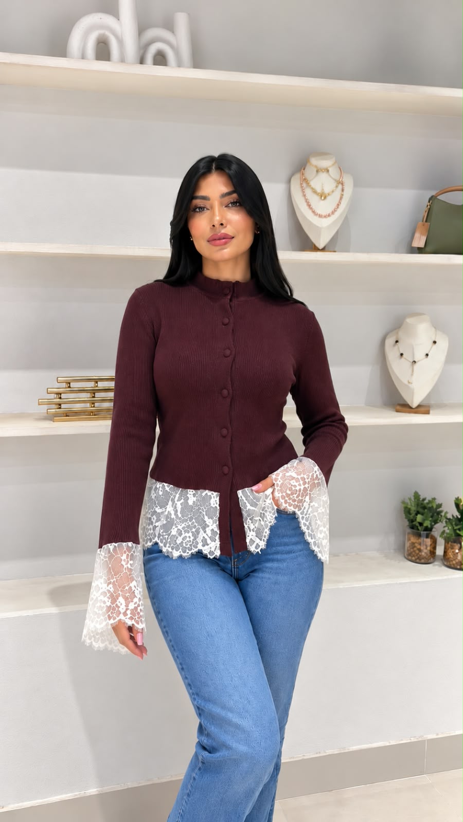 Wide-Cuff Lace-Trim Rib-Knit Cardigan