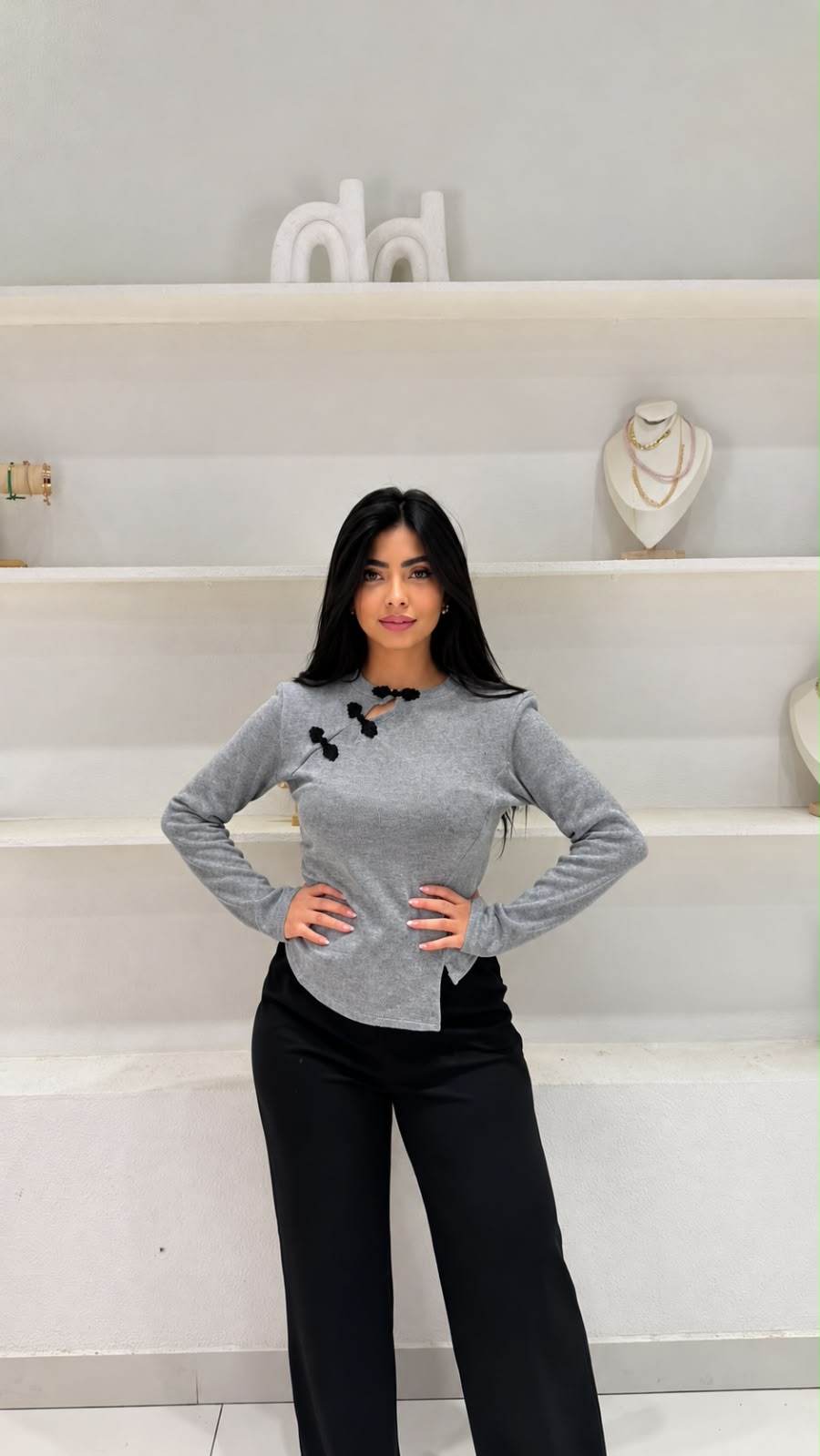 Long-sleeved knit top with an asymmetric button closure, view 3