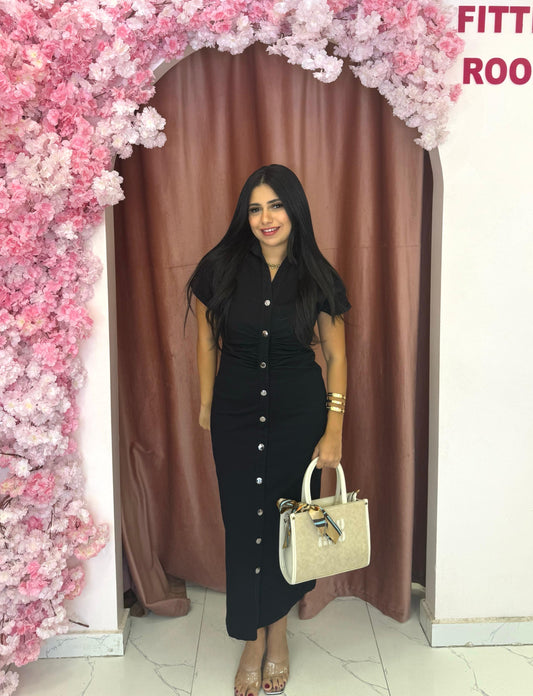 Collared Button-Down Midi Dress with Waist Pleats