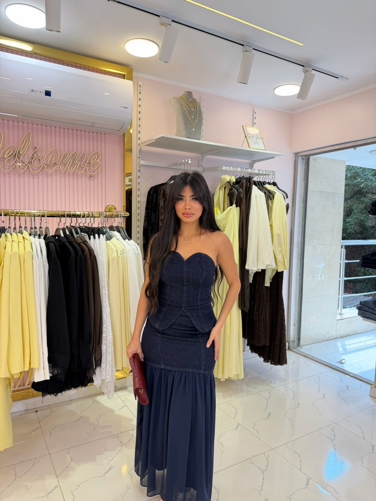 Strapless denim top and chiffon denim skirt set
